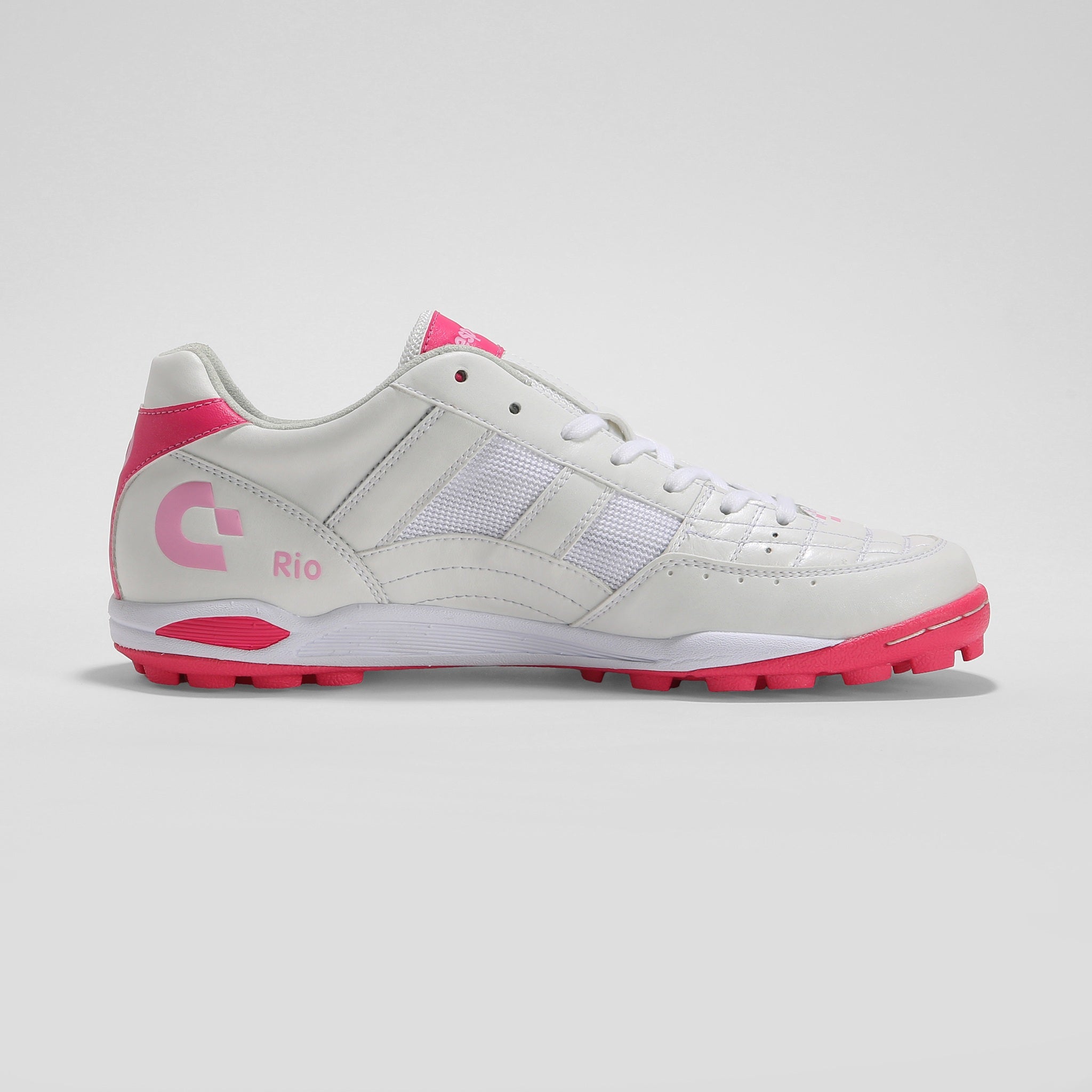 Desporte Rio KT2 white turf soccer boot with pink logo and sole
