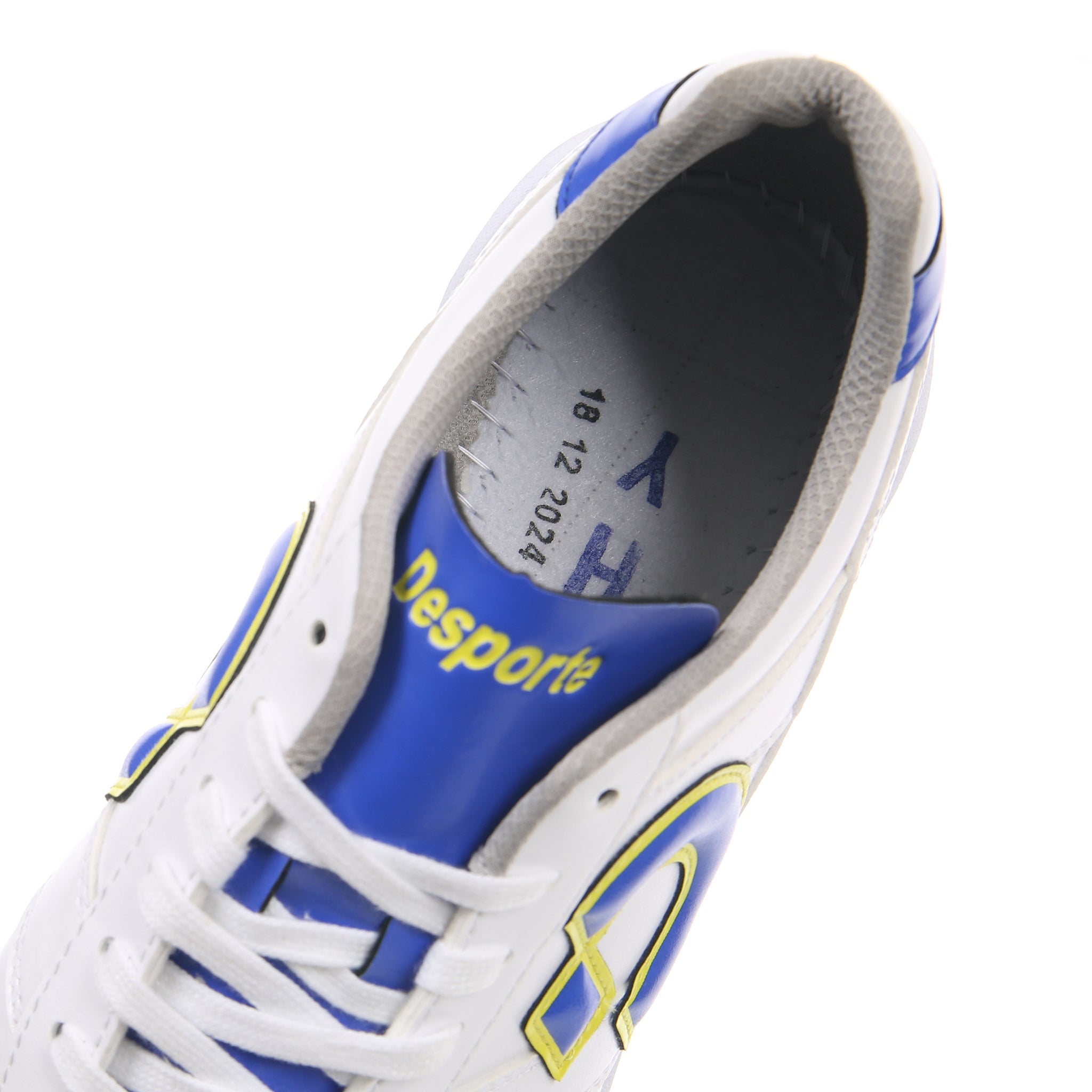 Desporte Campinas SP3 white blue yellow futsal shoe mesh lining 
