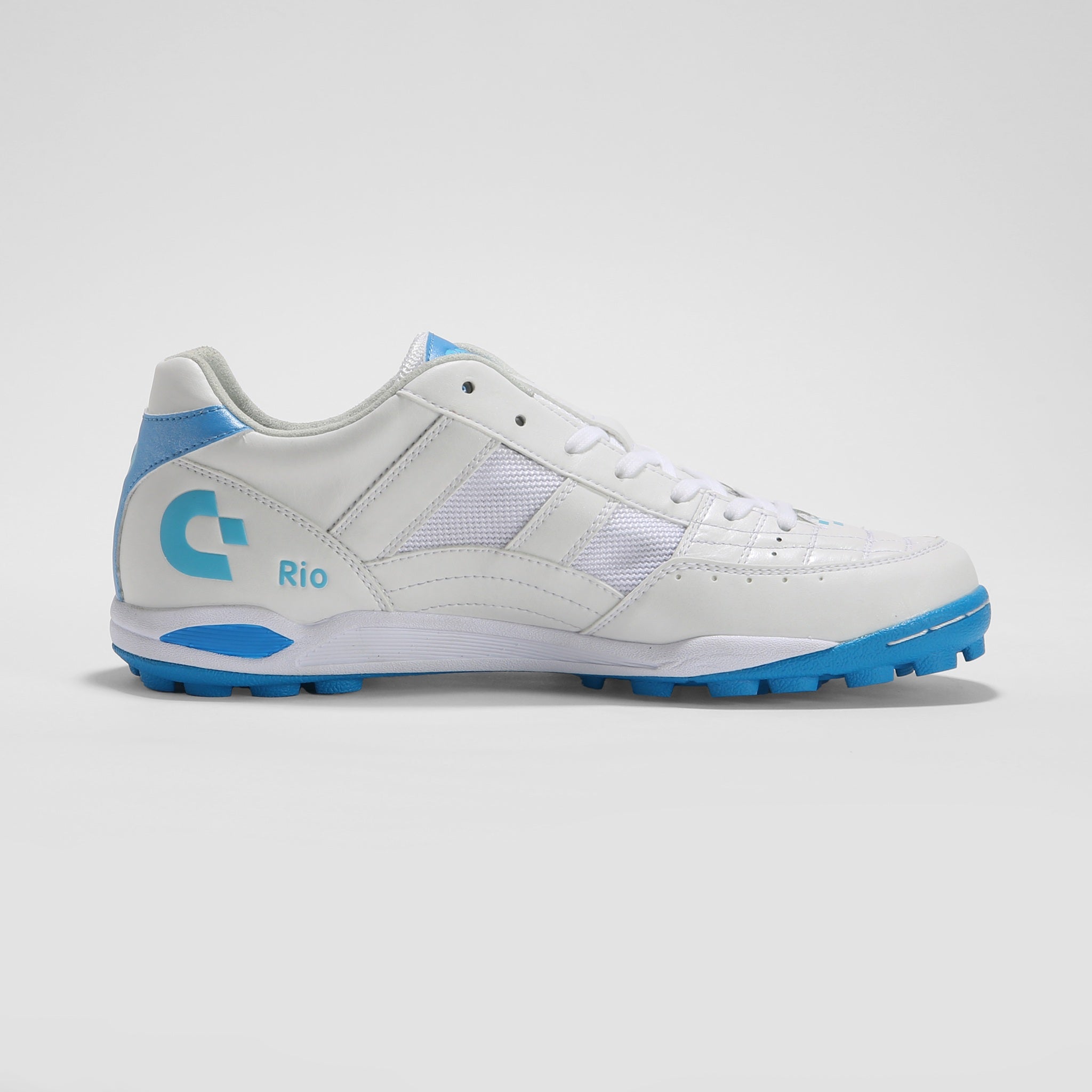 Desporte Rio KT2 white turf soccer boot with turquoise logo and sole
